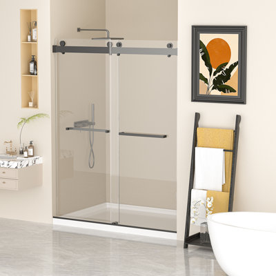 Porte de douche coulissante sans cadre de 56 à 60 po x H 76 po avec verre trempé de 3/8 po et de quincaillerie en acier inoxydable 304
