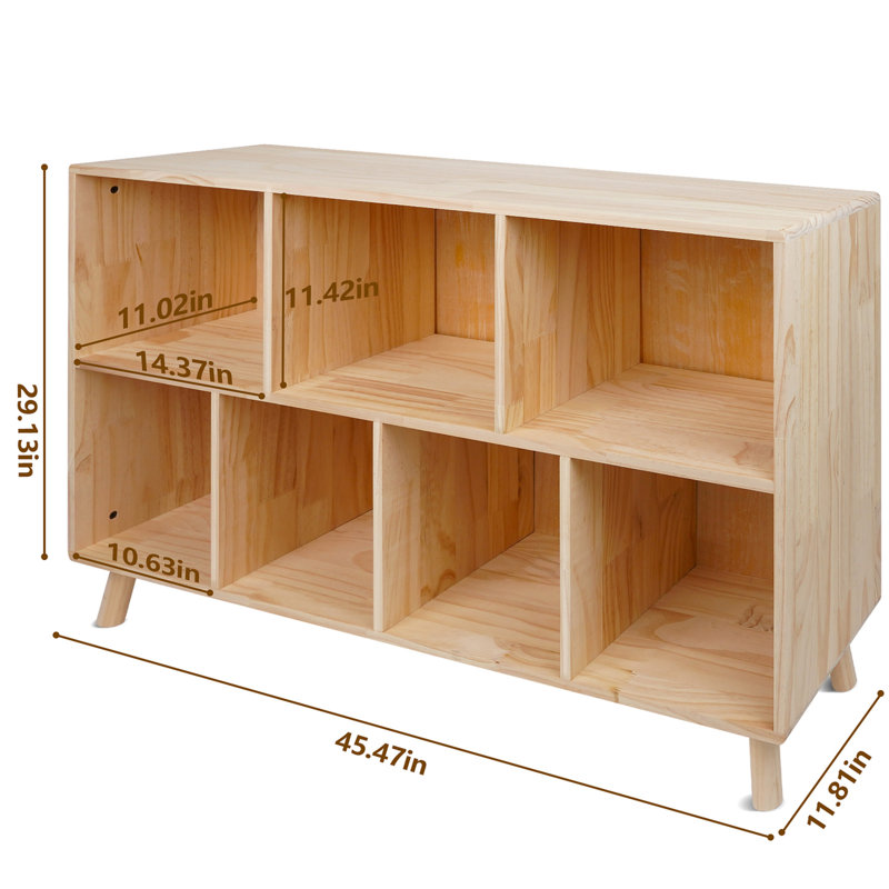 Solid Pine Wood 7-Compartment Storage Cabinet, Fixed Shelves Organizer For Books, Toys, And Home Décor, Modern Wooden Shelf For Home And Office