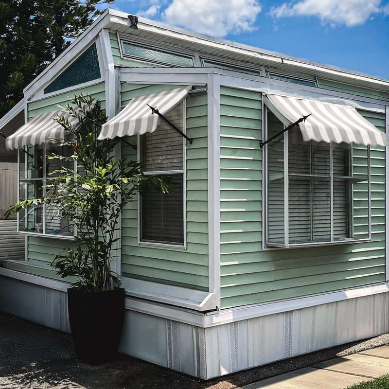 Awntech New Orleans Acrylic Fabric Fixed Awning with Iron Spear Arms, Gray/White Stripe, 31" H x 124.5" W x 16" D
