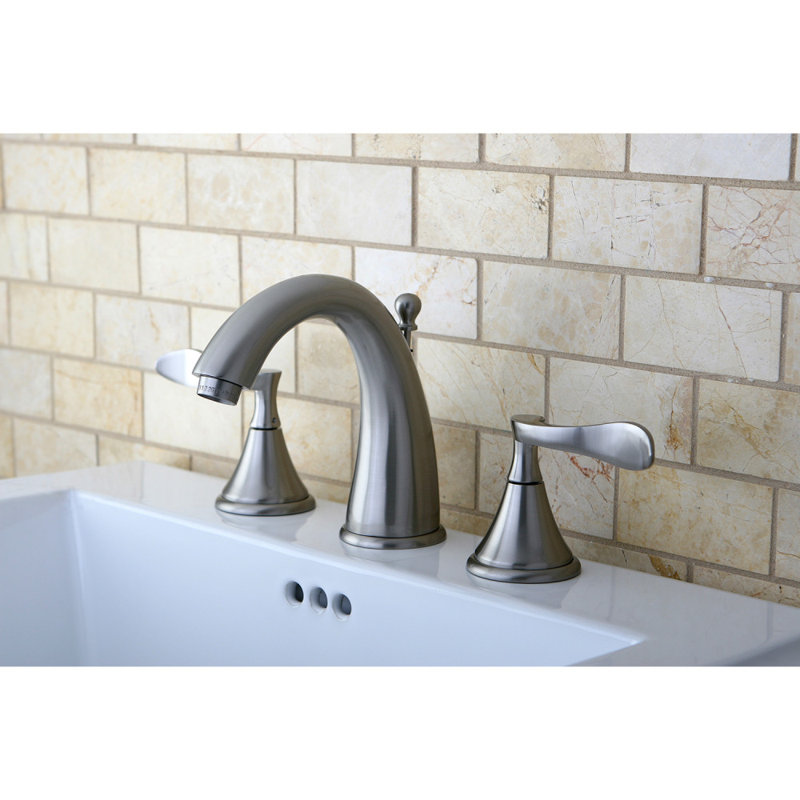 Kingston Brass Century Two-Handle 3-Hole Deck Mount Widespread Bathroom Faucet with Brass Pop-Up Drain, Brushed Nickel