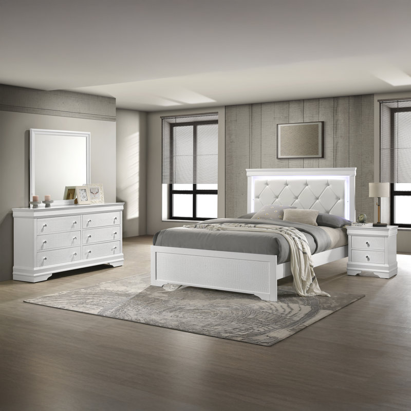 Mylhana Upholstered Standard Bedroom Set, Queen, White, 4 Pcs: Bed, Dresser, Nightstand, Mirror