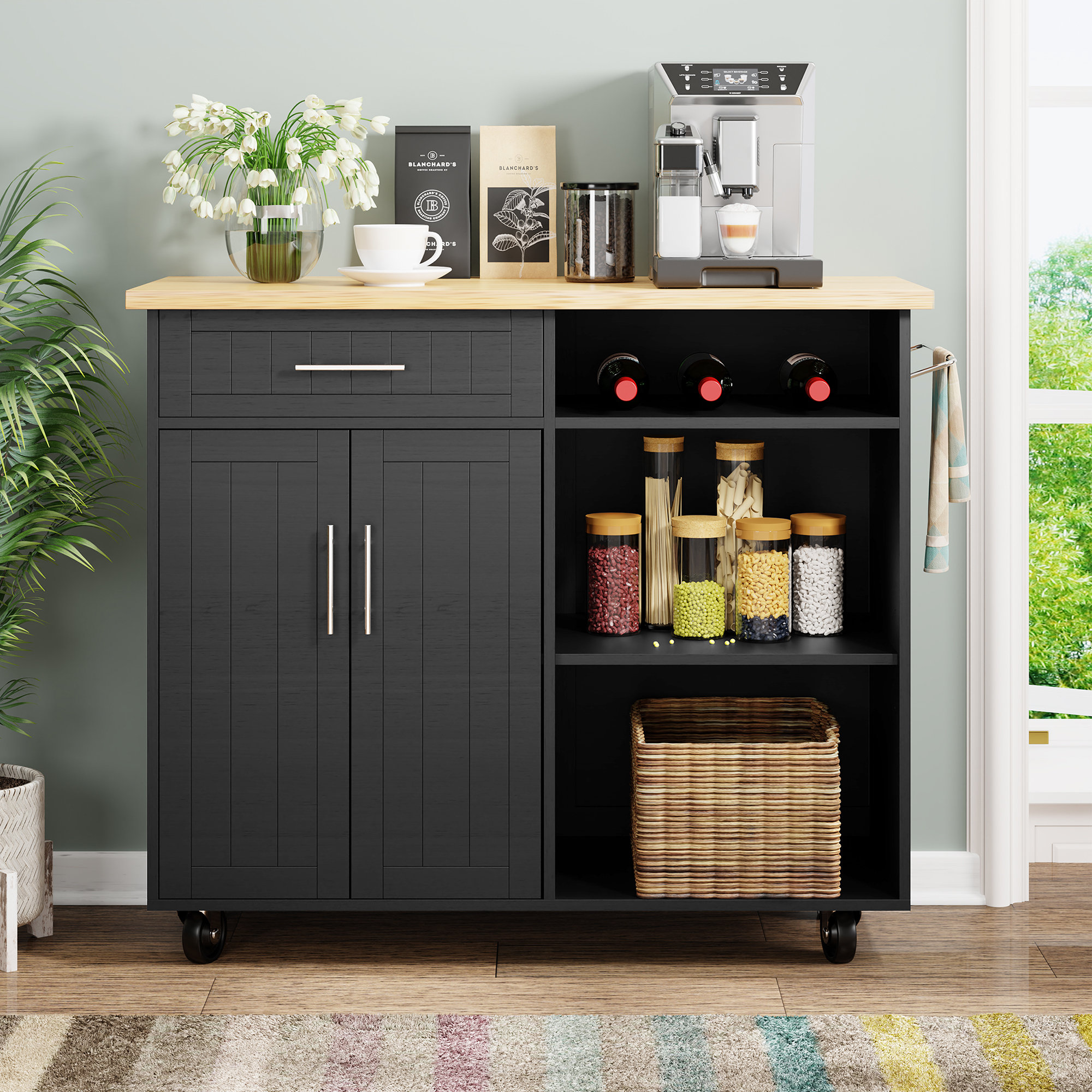 Lark Manor Wide Rolling Kitchen Cart, Black