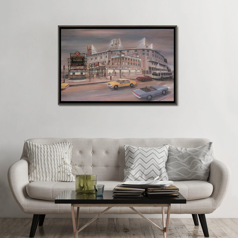 «Tiger Stadium» par Jim Williams - reproduction d'art, Toile encadrée de bois rustique foncé, H 32 po x l 48 po x 1,5 po