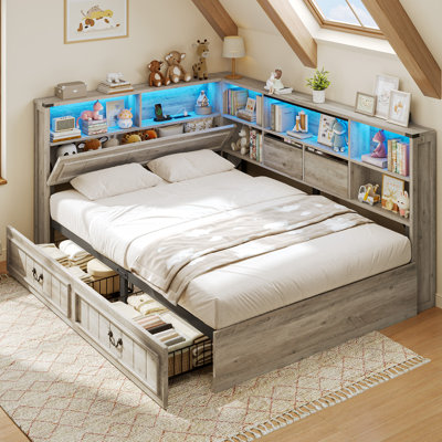 Structure de lit double avec tiroirs de rangement et tête de lit à bibliothèque dissimulée, station de charge et lumières à DEL, lit de jour en bois de ferme pour enfants adolescents, aucun sommier nécessaire, gris