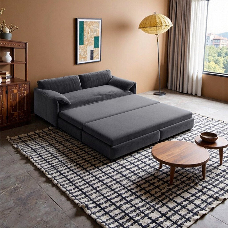 ​​3-in-1 Convertible Sleeper Sofa Bed with Velvet Upholstery​ Convertible Couch Bed, Gray