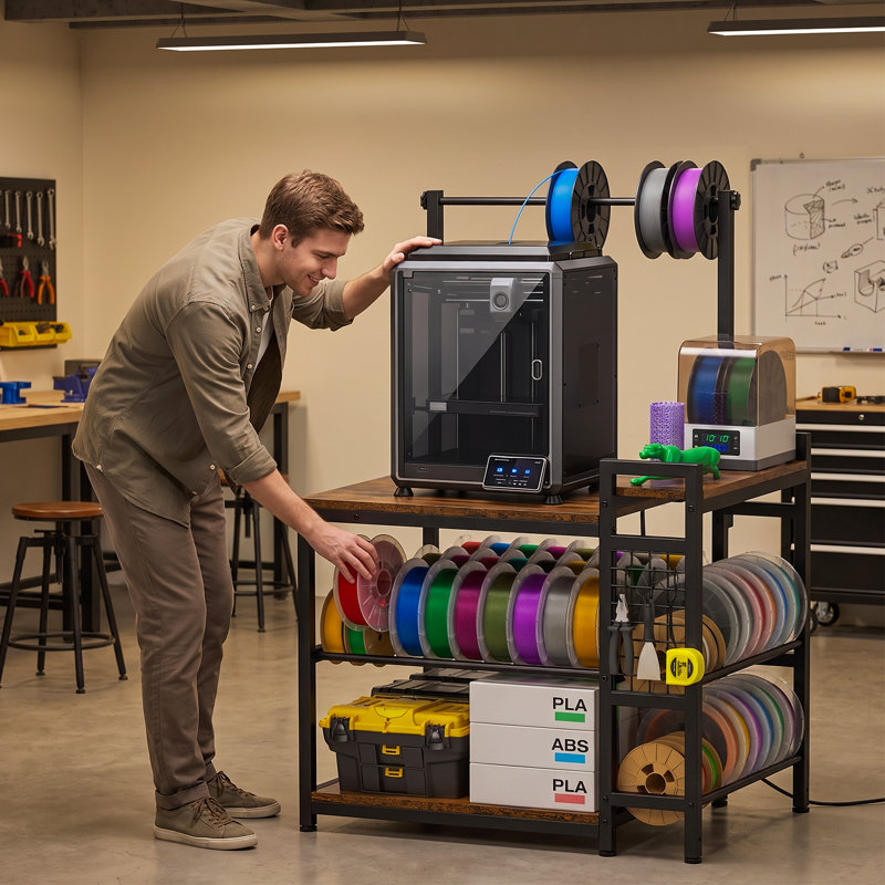 Support d'imprimante 3D compact avec porte-bobine et multiprise