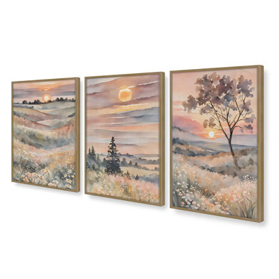 Coucher de soleil dans la vallée en fleurs, ensemble de 3 impressions