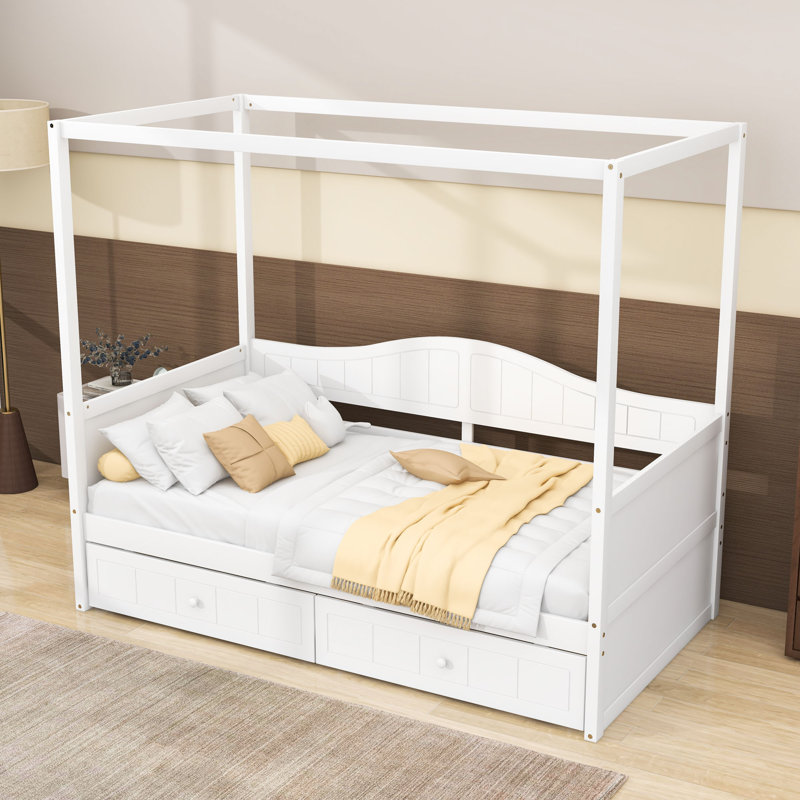 Karoly Twin Wooden Canopy Day Bed with Drawers, White