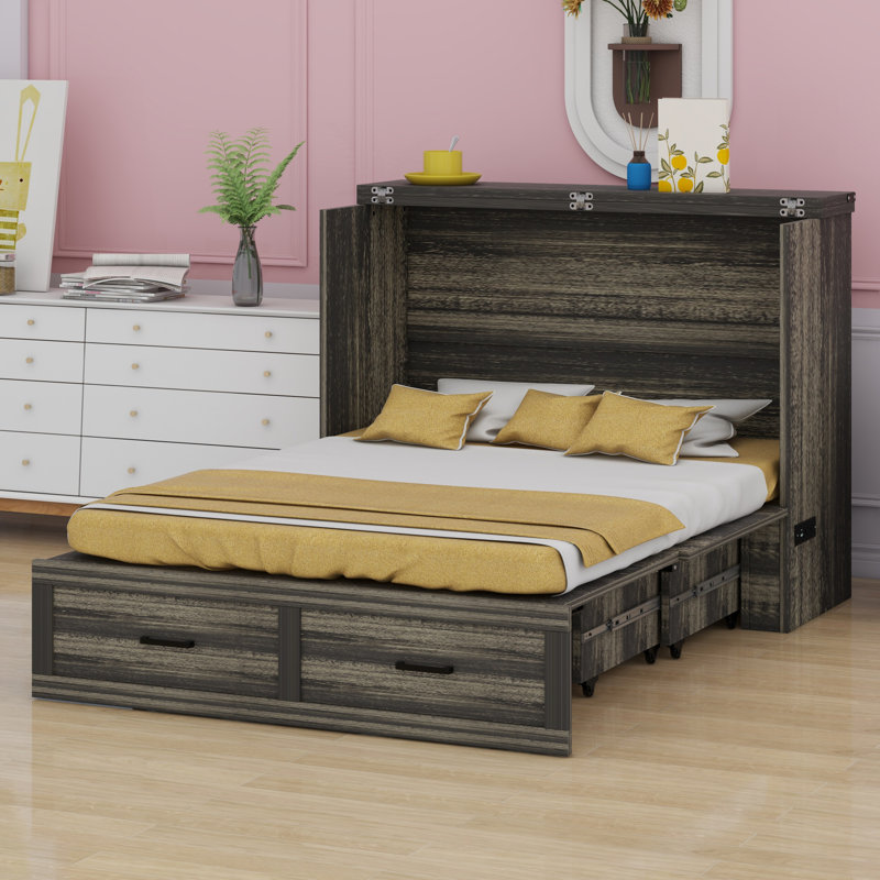 Armoire lit escamotable Murphy avec station de charge, lit plateforme pliable multifonctionnel avec 1 grand tiroir de rangement