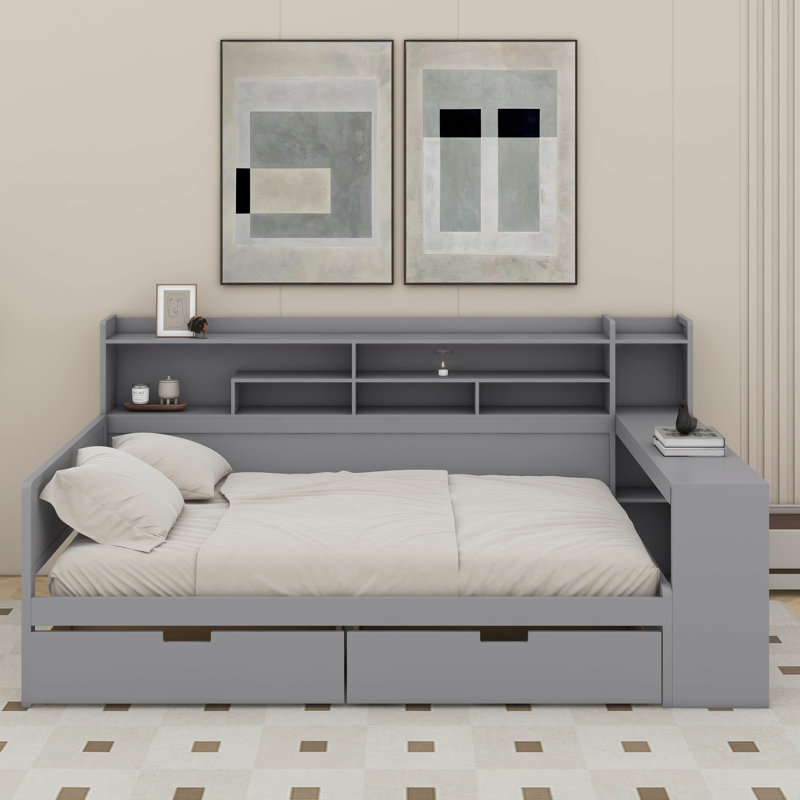 Lit de jour double avec tablettes, tiroirs et bureau, Gris
