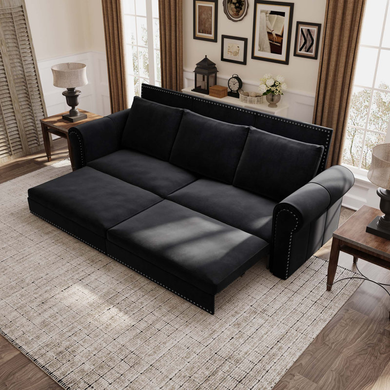 Canapé Chesterfield, canapé-lit gigogne de 93,7 po, canapé-lit convertible en velours 3 en 1 avec garniture cloutée et accoudoirs roulés, canapé-lit multifonctionnel pour le salon, la chambre à coucher