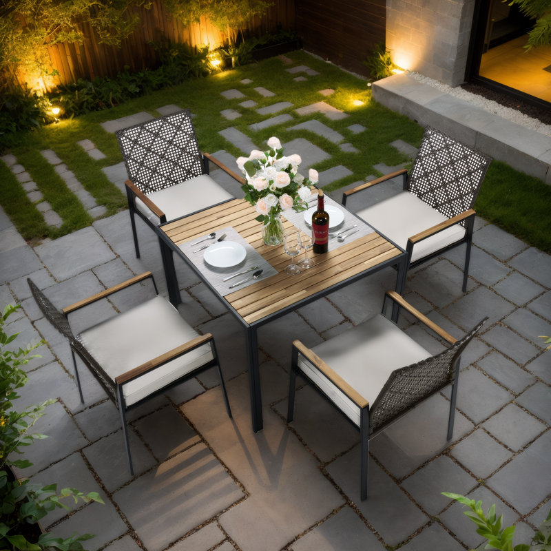 Outdoor Patio Furniture Set - 5-Piece Acacia Wood Table & Rattan Chairs, All-Weather Conversation Set, Dark Brown, White