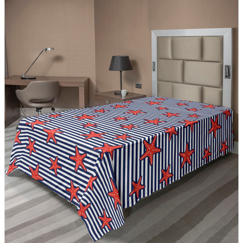 Drap plat Ambesonne, Drap plat pour lit simple, Rouge écarlate, bleu foncé, blanc / rayé
