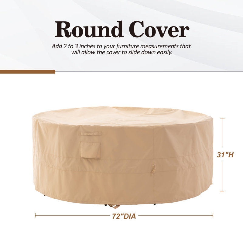 Waterproof Outdoor Patio Table Cover, 72"DIA x 31"H, Heavy Duty Rip Stop, 3 Year Warranty, Beige