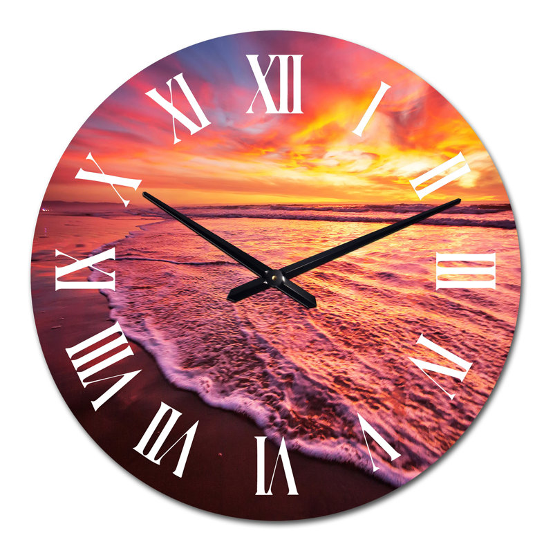 Horloge murale nautique et côtière, coucher de soleil rose foncé et jaune au-dessus de l'océan, Moyen