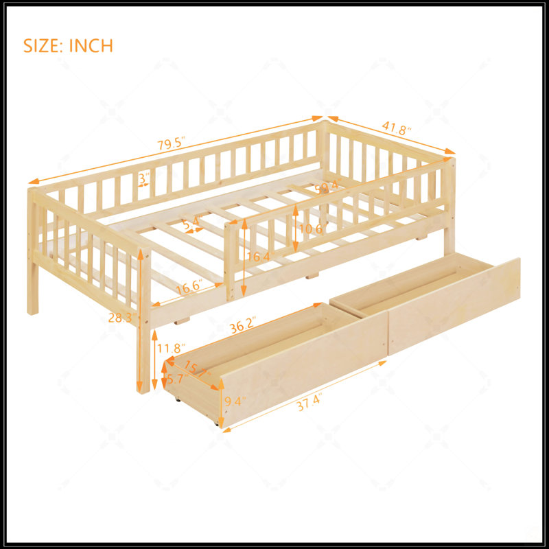 Daybed Wood Bed With Two Drawers, Natural