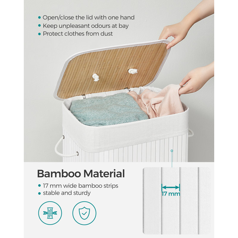 Bamboo Laundry Basket, 72L Foldable Laundry Hamper, Rectangular Storage Hamper With 3 Handles, 40 X 30 X 60 Cm, White