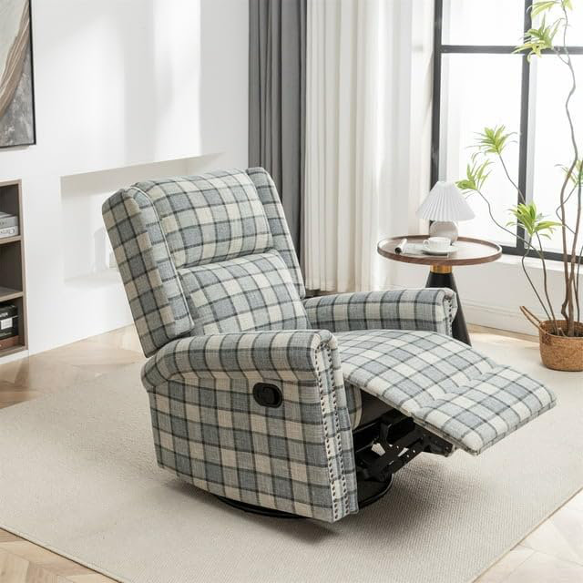Fauteuil inclinable pivotant Jaq, Lin à carreaux vert