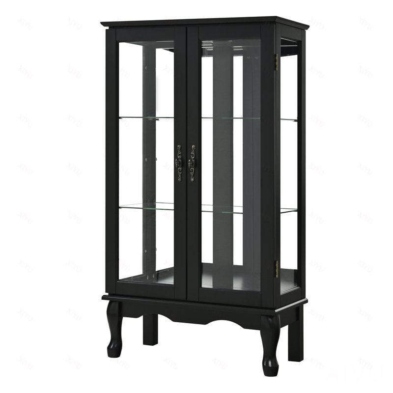 Armoire vitrée avec tablettes réglables et panneau arrière en miroir, portes en verre trempé, Black