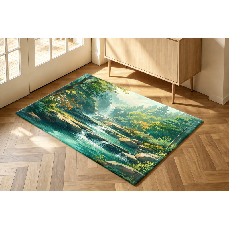 Tapis vert nature Lush Forest Waterfall, Rectangle 5 pi 3 po x 3 pi 3 po (160 x 100 cm)