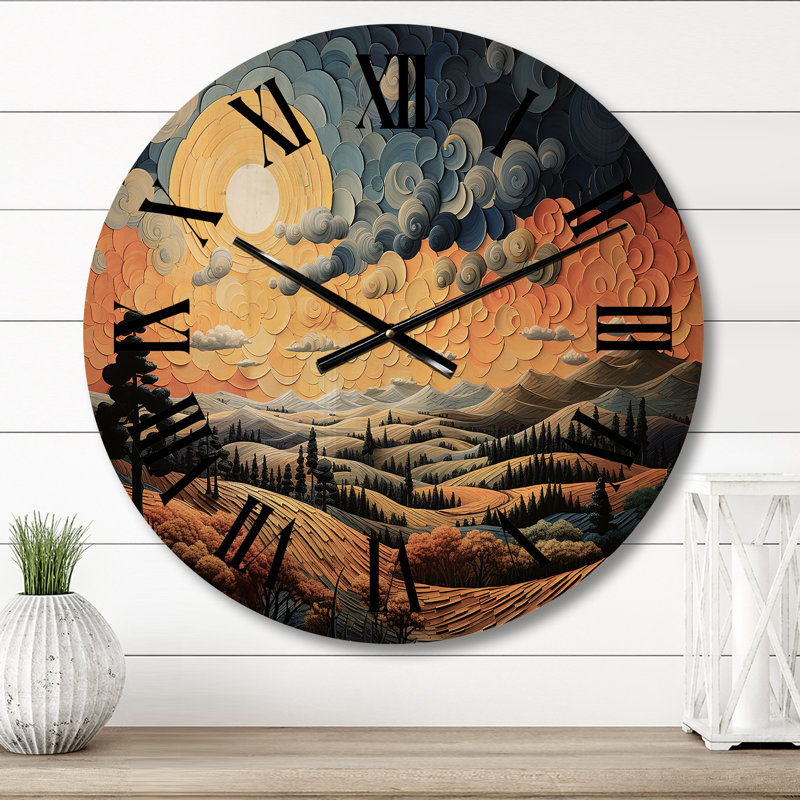 Countryside Yellow And Blue Hills Patchwork I - Modern Oversized Wood Wall Clock, Small