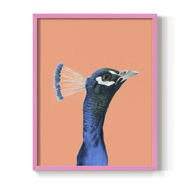 Peach Peacock Portrait I Framed Print - Solid Wood, H 11 po x l 9 po, Rose