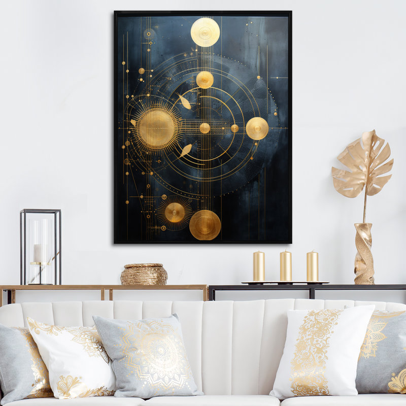 Ancienne sagesse d'Atlantis, rétro géométrie dorée sur toile, Cadre flottant noir, H 32 po x l 16 po x P 1 po