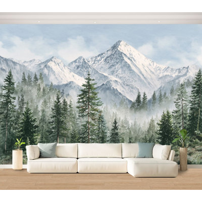 Wall Mural Peel and Stick Wallpaper Snow Capped Mountain Forest Wildlife Evergreen Pine Trees Woodland Self-Adhesive Removable Contact Paper Wall Decor for Living Room Bedroom 100"H x 144"W