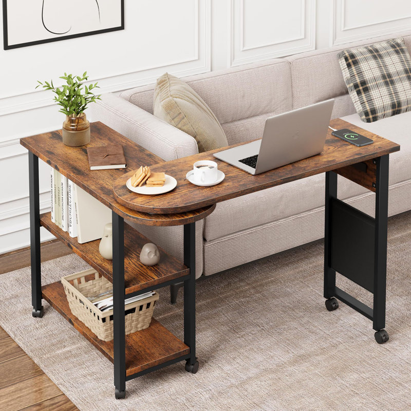 360° End Table Rotating Sofa Side Table with Charging Station Swivel Side Table with Extra Storage Bag Movable End Table with 6 Swivel Wheels with Brakes for Bedroom Living Room