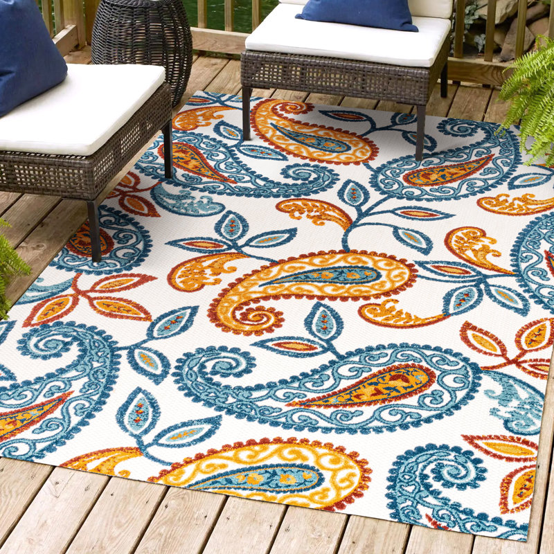 Jotunheim Paisley High-Low Orange/Blue Indoor/Outdoor Rug, Rectangle 5'3" x 7'7"