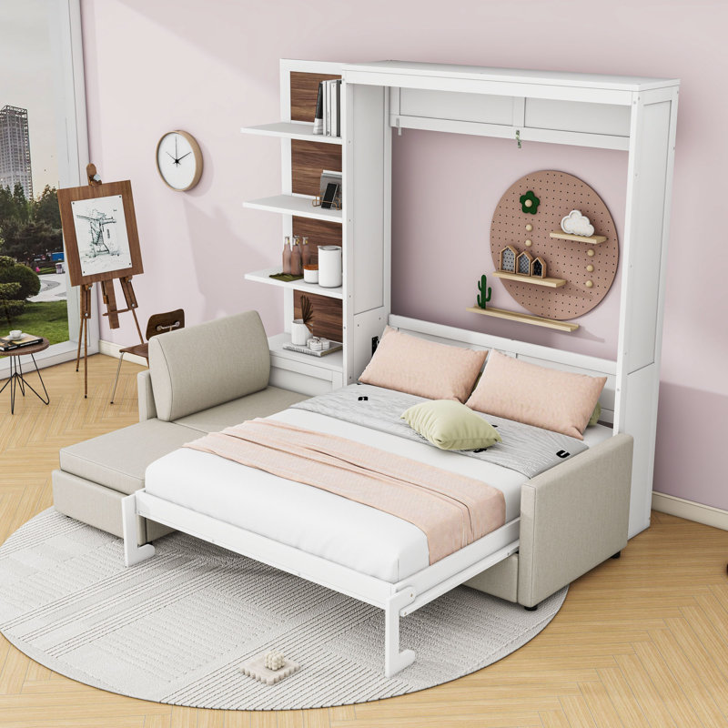 Grand lit escamotable avec canapé et tablettes, Blanc