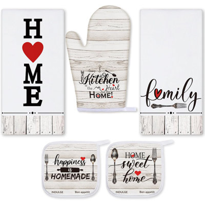 5 Piece Farmhouse Potholder & Oven Mitt Set, Vintage Wood Grain Kitchen Linen Bundle