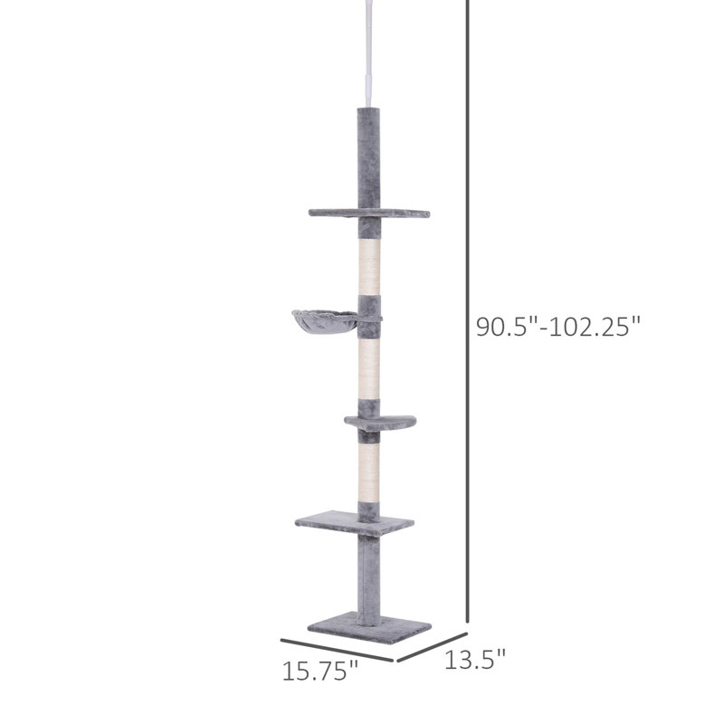 Arbre à griffer 9 pi pour plancher et plafond - blanc gris. Hauteur réglable de 90,5 po à 103,94 po, 5 plateformes, 3 zones de cordage, panneau de particules, coussin chaud, pour préserver la Tour de Pristine State de votre meuble