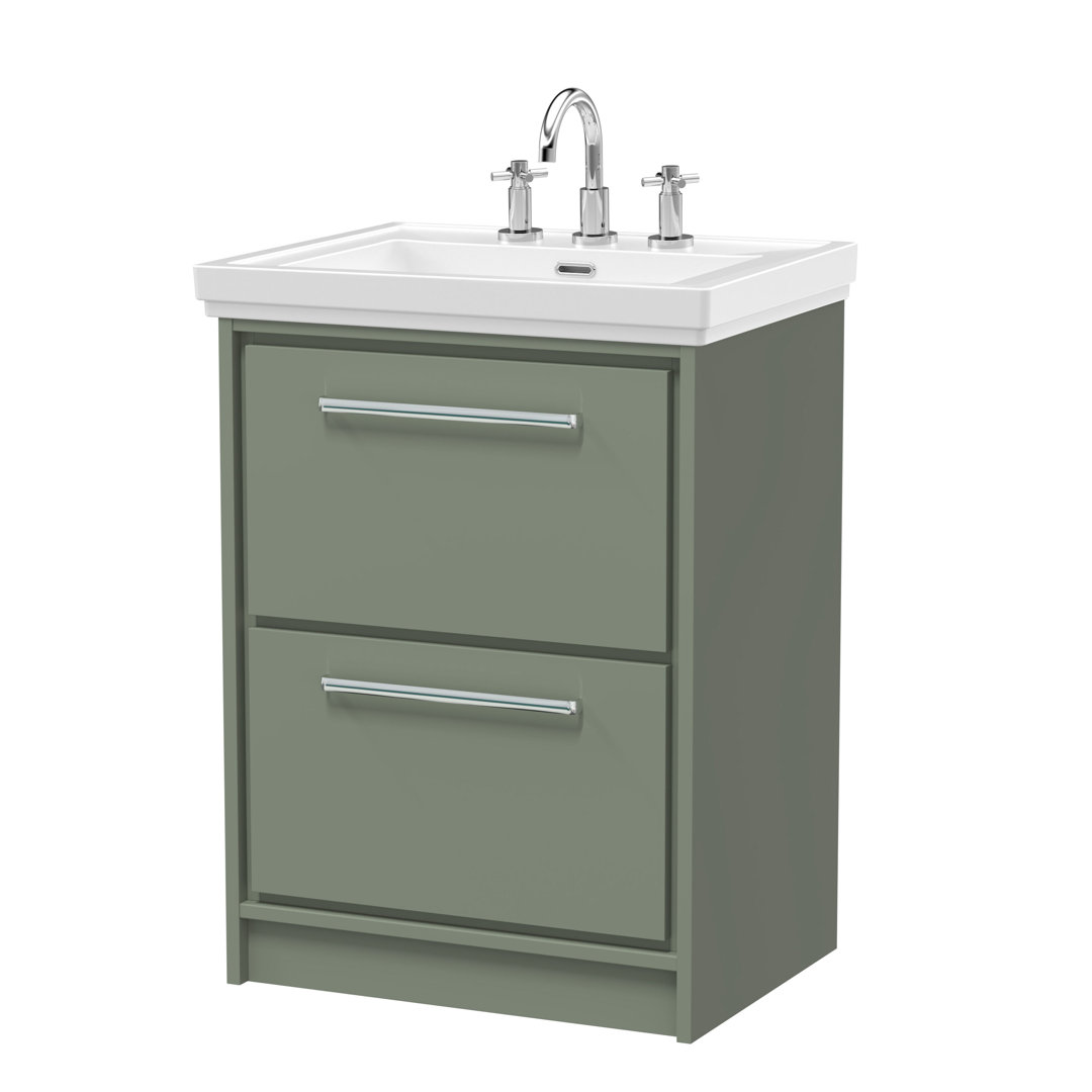 Hudson Reed Lille 600mm Fern Green 2 Drawer Floor Standing Vanity Unit With 3 Tap Holes Fireclay Basin