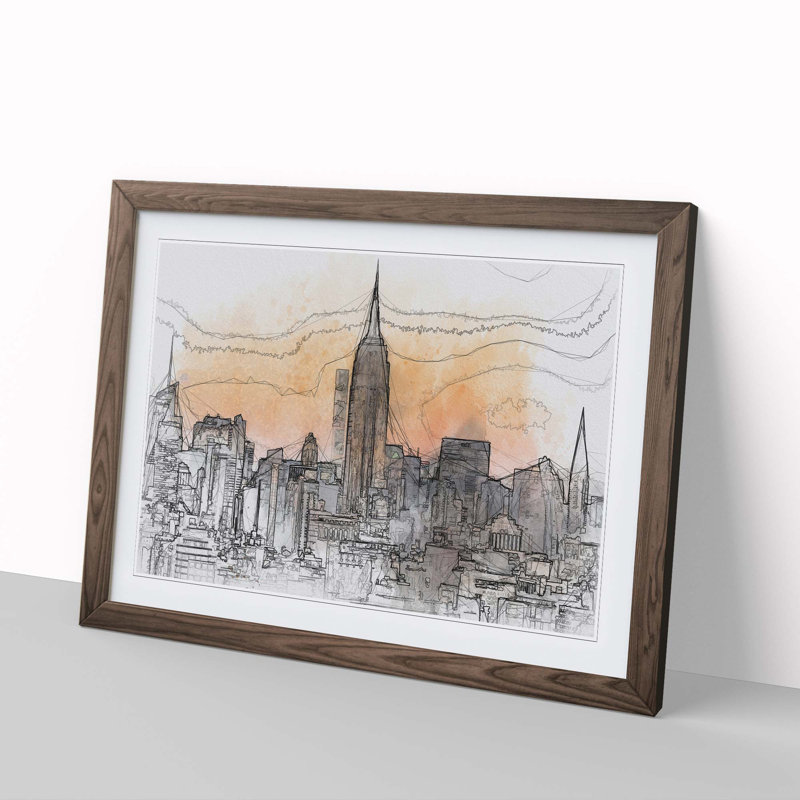 Yellow New York Skyline in Abstract - Picture Frame Graphic Art Print, 35cm H x 50cm W x 2cm D, Walnut