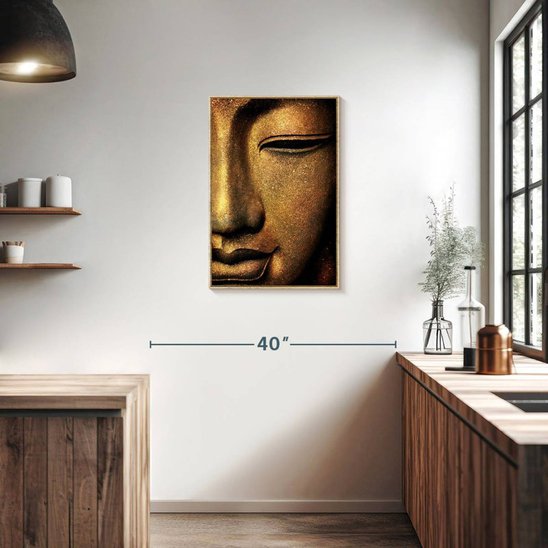 Golden Buddha Face, Floating Frame Natural Wood, 21" x 31"