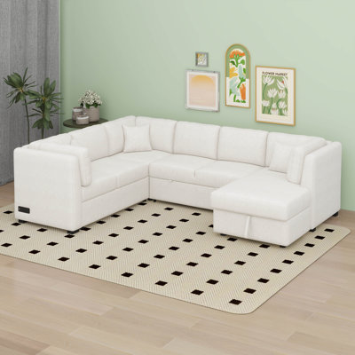 Sectional Sofa Pull-Out Sofa Bed Sleeper With A Storage Ottoman,Three Pillows And Charging Devices