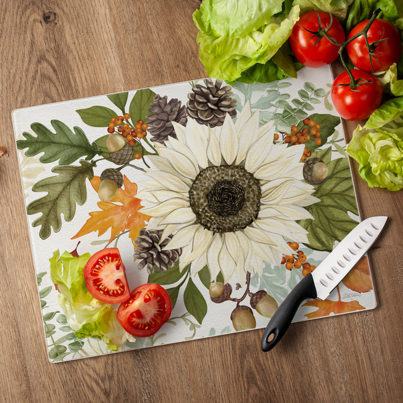 CounterArt Farmhouse Fall Tempered Glass Cutting Board, 0.75" H x 12" W x 15" L
