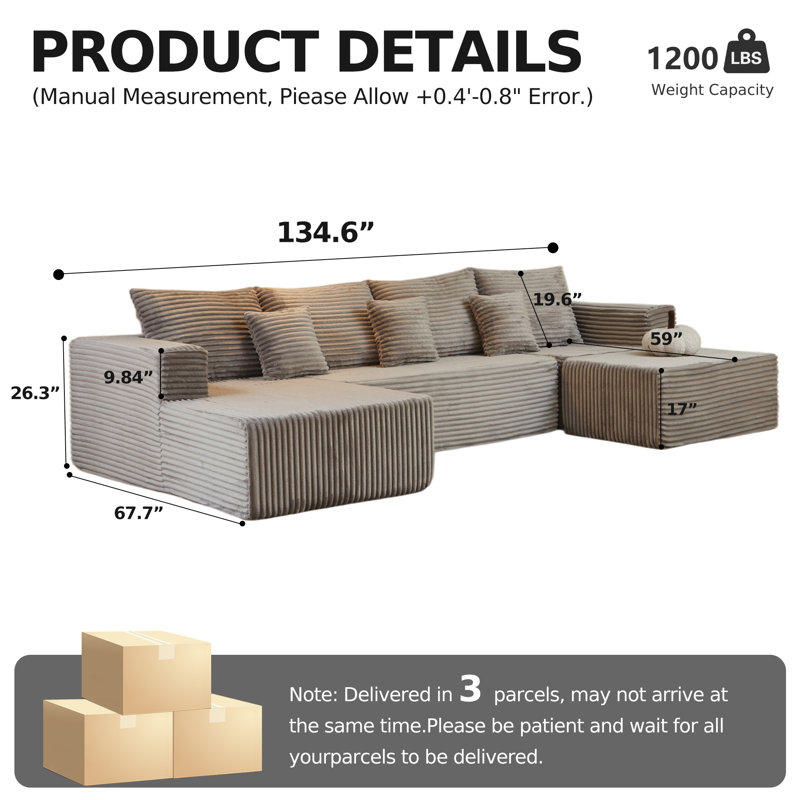 Boneless 134”Sectional Cloud Boneless Sofa Cloud Couch for Living Room, U Shaped Comfy Cordury Couch with Double Lounge Chair, Modern Deep Seat Minimalism Sofa for Home Furniture, No Assembly Required