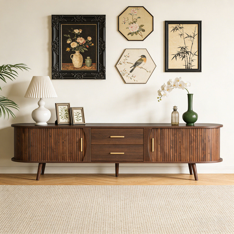 71" Mid-Century Modern TV Stand with Sliding Doors, Vertical Fluted Panel & 2 Drawers, Rounded Edge Media Console for Living Room