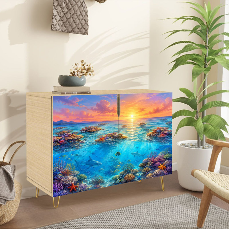 Buffet buffet avec rangement vibrant Coral Reef avec 2 portes pour le salon et la cuisine
