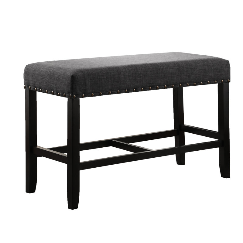 Banc en tissu gris à hauteur de comptoir - garniture cloutée, siège en lin et en coton, fabrication en bois franc massif, l 41 po x P 16,5 po H 25,5 po avec tissu, revêtement