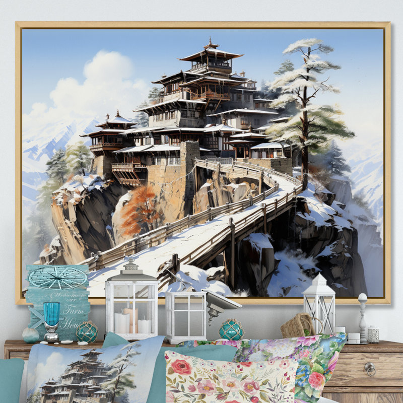 Art asiatique, monastère tibétain VII - reproduction, H 16 po x l 32 po x P 1 po, Cadre naturel flottant