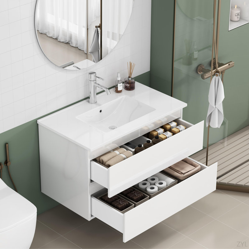 Ensemble de meuble-lavabo avec lavabo, armoire avec 2 grands tiroirs, système de fermeture en douceur, 2 grands tiroirs, conception sans poignée, assemblage facile, blanc brillant