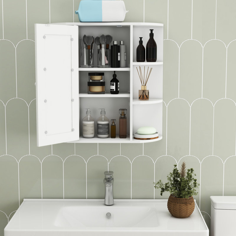 Armoire de salle de bain avec miroir - 6 tablettes ouvertes, 3 réglables peintes