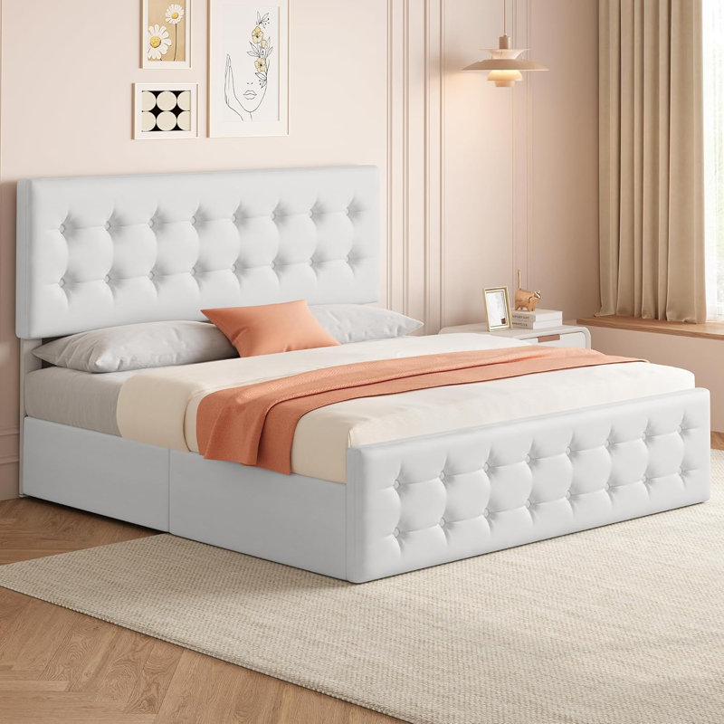 King Size Bed Frame with 4 Storage Drawers and Headboard Faux Leather Upholstered Platform Bed Frame with Wooden Slats Support Button Tufted Design No Box Spring Needed White