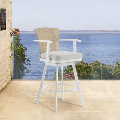 Tabouret de bar pivotant extérieur, aluminium et bois, coussin gris, hauteur du siège 66 cm, structure avec housses amovibles, rotation à 360°, montage facile