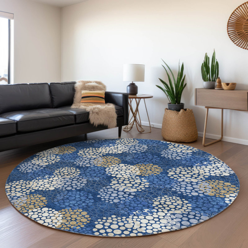 Premium Machine Washable Prisco Navy Rug, Round 8'