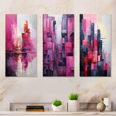 Fuchsia façades gratte-ciel horizon - ensemble de salon mural 3 gratte-ciel