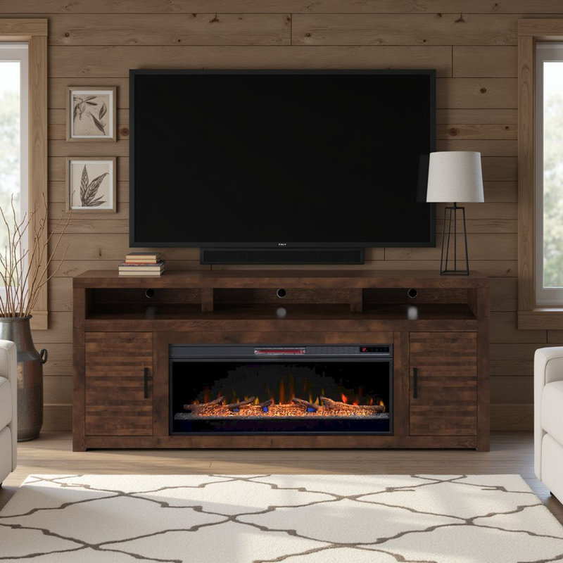 Geonna 78" Farmhouse Fireplace TV Stand for TVs up to 90", 42" Electric Fireplace with Storage, Whiskey Finish